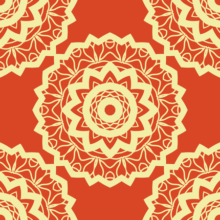 Vintage vector mandala pattern retro yellow on red. Hand drawn abstract tile. Decorative retro pattern. Wallpaper for banner, invitation, wedding card, cover and other kind of design.のイラスト素材