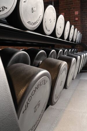 Astrakhan, Russia, 09 of April 2018: Dumbbells of Technogym brand in row closeup. Technogym is one of famous gym equipment maker in the world.のeditorial素材
