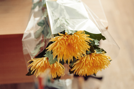Bouquet Of Fresh Flowers On The Table From Aboveの写真素材