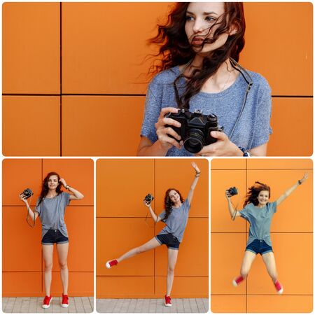 Collage happy girl with retro film camera