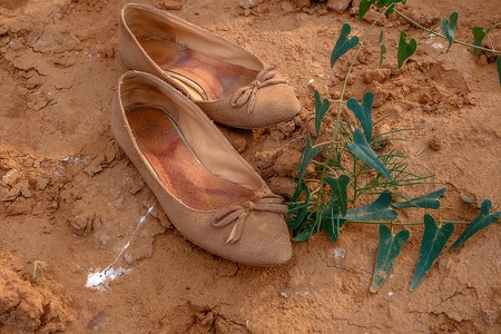Used pair of shoes on bare soil in gardenの写真素材