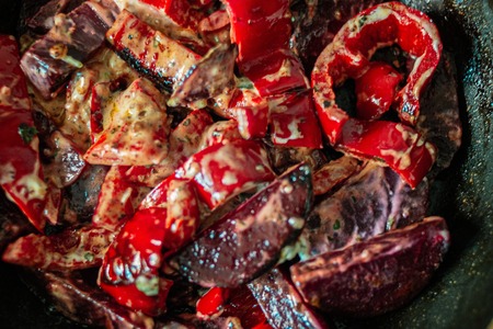 Roasted vegetables mix closeup above view
