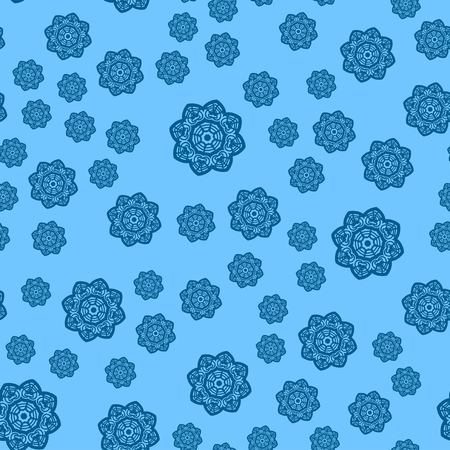 Many ornate blue snowflakes on light blue background for Xmas wrapping paperのイラスト素材