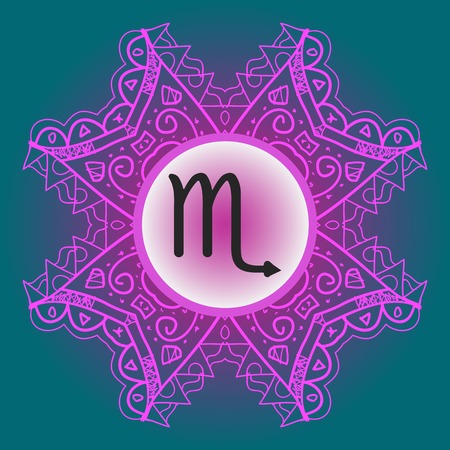 zodiac sign Scorpio - What is karma Vector circle with zodiac signs on ornate wallpaper. Oriental mandala motif square lase pattern, like snowflake or mehndi paint.のイラスト素材