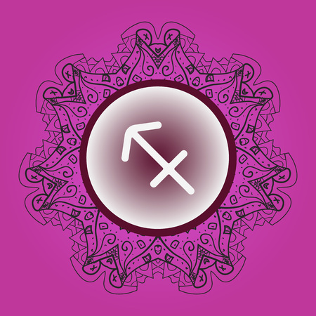 zodiac sign Saggitarius - What is karma Vector circle with zodiac signs on ornate wallpaper. Oriental mandala motif square lase pattern, like snowflake or mehndi paint.のイラスト素材