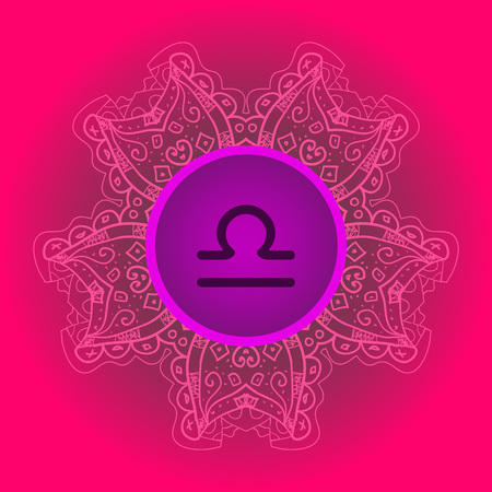 zodiac sign Libra. What is karma Vector circle with zodiac signs on ornate wallpaper. Oriental mandala motif square lase pattern, like snowflake or mehndi paint. Watercolor elements on backgroundのイラスト素材