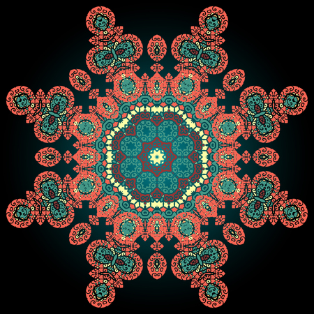 Red coloured ornamental mandala on black. Vector art. Vintage design element.のイラスト素材