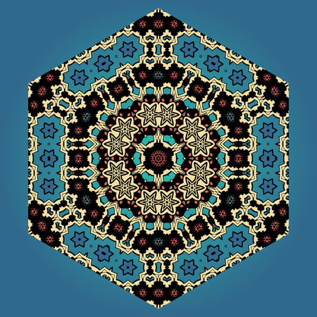 Abstract ornamental shape, vector mandala on blue background. Decorative vintage elementのイラスト素材