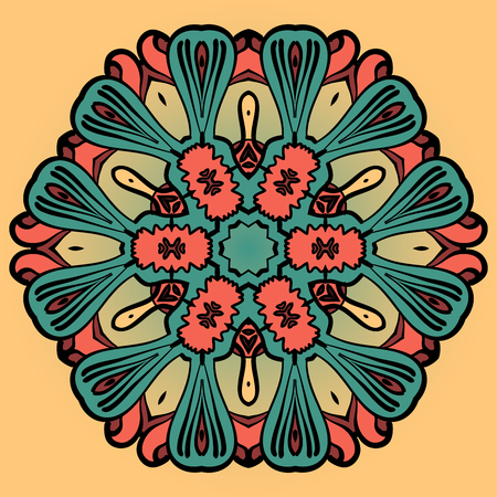 Mandala flower design over yellow pattern. Ornament indian round lace. Decorative vintage elementのイラスト素材