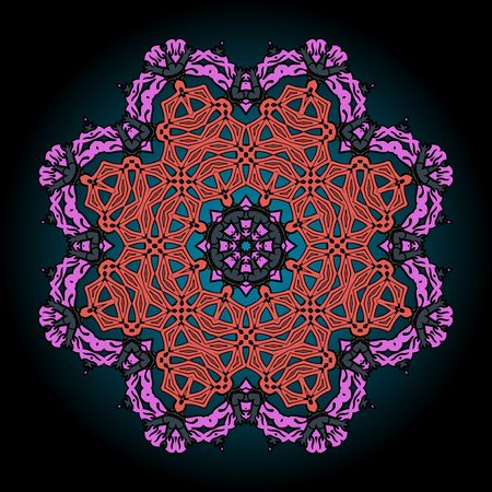 Mandala in pink and red over black background with gradient. Tribal vintage element for templateのイラスト素材