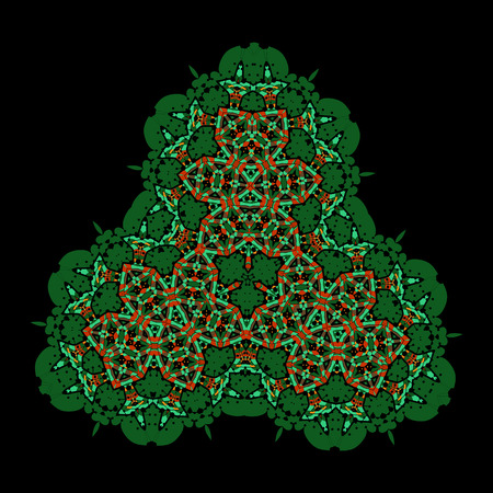 Oriental ornamental triangle on black background. Colorful vector mandala of fresh green  color. Art vintage decorative elements. Hand drawn tribal style yantra. Flayer template oriental style motif.のイラスト素材