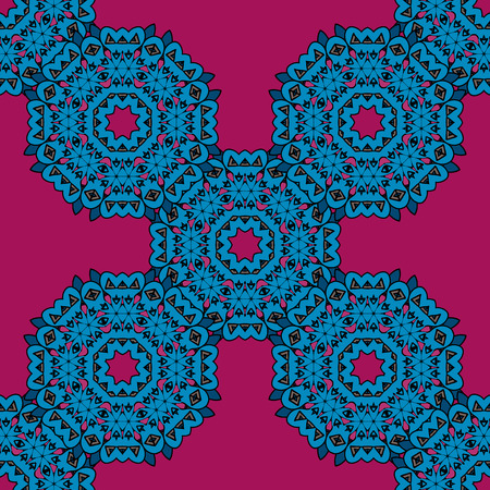 Violet ethnic mandala pattern background. Vector illustration with round hand drawn stylized flowers. Pink and blue colorsのイラスト素材