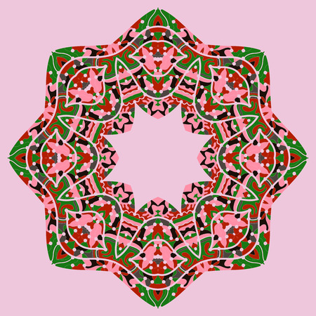 Pink and green mandala motif. Ornate unusual design in tribal styleのイラスト素材