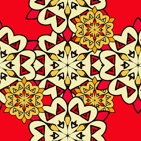Colorful mandala seamless wallpaper.  Endless ornamental backdrop over red background. Vintage oriental design element.のイラスト素材