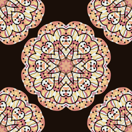 Seamless kaleidoscopic mandala unusual design. Round motif background.のイラスト素材