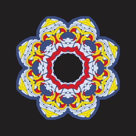 Colorful chakra flower-like oriental ornament in tibetian-color style on dark background.のイラスト素材