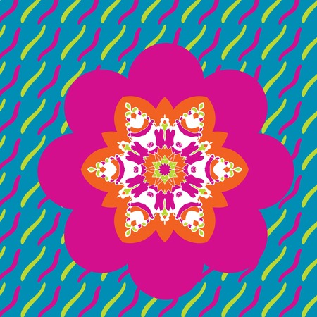 Pink Childish design of symmetric flower on colorful strokes backgroundのイラスト素材