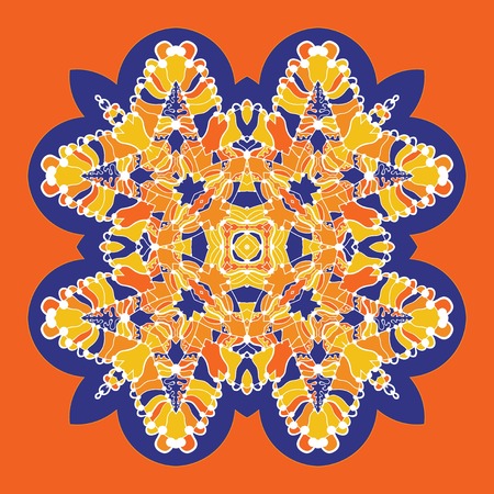 Vector icon with abstract ornament. Vector mandala with corners in childish style. Ornamental doodle orange, yellow and blue colors on light blue colorのイラスト素材