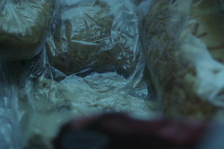 Food stored in refrigerator in plastic bag shallow DOF low lightの写真素材