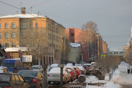 St.Petersburg Russia, 24 Feb 2016: Traffic jam on Streets with cars covered with snow after hard snowfall.のeditorial素材