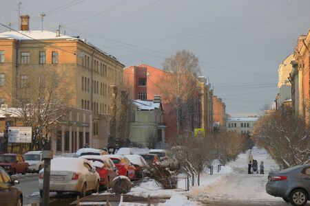 St.Petersburg Russia, 24 Feb 2016: Traffic jam in the morning on Streets with cars covered with snow after hard snowfallのeditorial素材