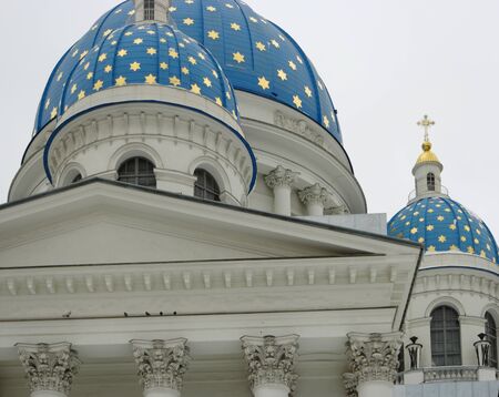 Saint Petersburg, Russia - Feb 27, 2016: Blue domes of Orthodox Trinity Cathedral in front of the winter sky.のeditorial素材