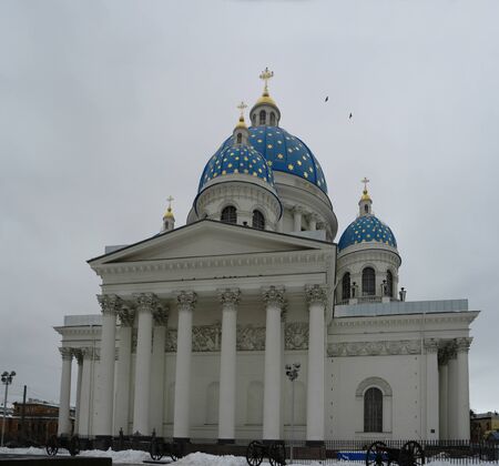 Saint Petersburg, Russia - Feb 27, 2016: Trinity Cathedral with famous blue domes with golden stars in front of the winter sky.のeditorial素材