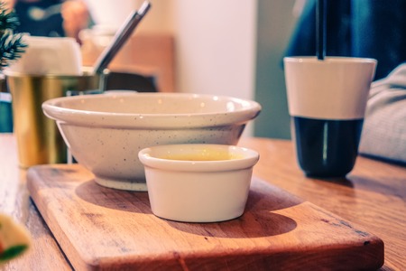 Empty dishes on table in cafe side view