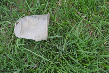 Transparent plastic cup lying on grass, with copy-space. Plastic litter on grass, environmental protection conceptの写真素材