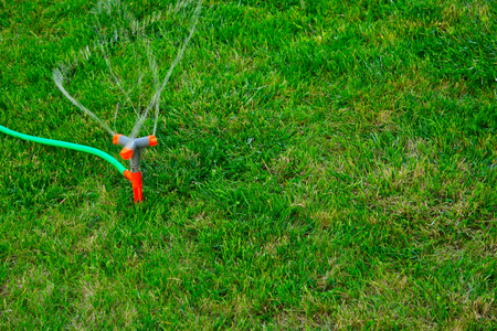 Movable Sprinkler on Grass. Orange Sprinkler spraying streams of water on lush green grass shot with copy-spaceの写真素材