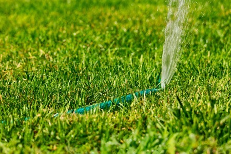 Movable Watering Sysem spreading water all over the green lawn, garden sprinkler on a sunny summer day, copy-spaceの写真素材