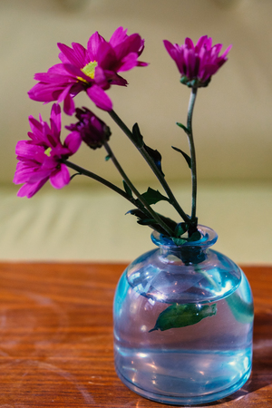 Flowers in botle of blue color on tabletopの写真素材