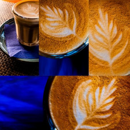 Flat white coffee with latte art collage with copyspace.の写真素材
