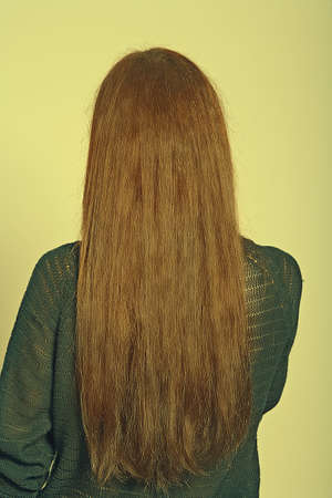 Rear view on woman with long brown hair retro color