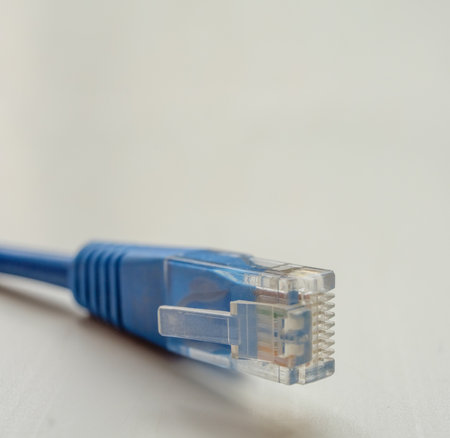 Single blue RJ45 CAT6 shielded network data internet cable connector on gray background with copyspace on top.の写真素材