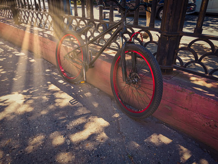 Black bicycle single-speed bike with red wheels parked on the street near old forged fence.の写真素材