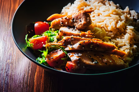 Food curry in bowl. Rice and chicken with fresh vegetables india buffet diet table.の写真素材