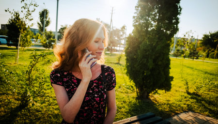 Young redhead woman sitting on bench and use her phone in park backlit by setting sun. Serious redheaded lady having converstion.の写真素材