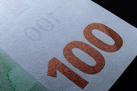 100 euro banknote, One hundred euro macro image. 100 number and copyspace.の写真素材