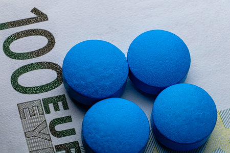 Healthcare. Blue tablets pill macro on 100 euro bill. Drug abuse.の写真素材
