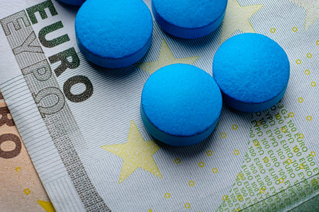 Blue tablets pill macro on 100 euro bill. Drug abuse.の写真素材