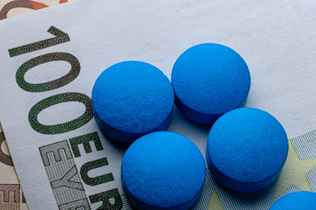 Expenses Healthcare. Blue tablets pill macro on 100 euro bill. Drug abuse.の写真素材