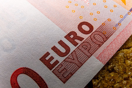 A close-up of a zero euro banknote is a macro. The banknote, part of European currency, is a symbol of current financial crisis and recession affected many countries and their economies.の写真素材