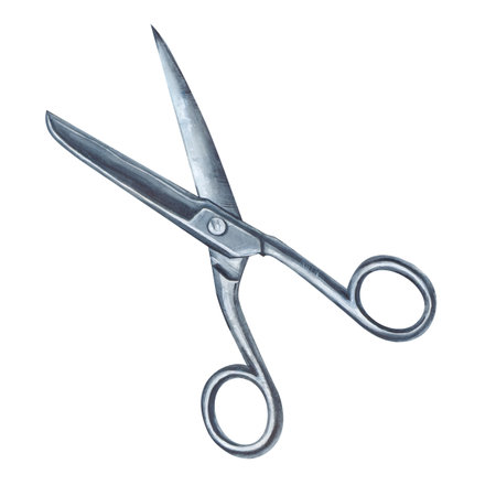 The iron scissors on a white background are hand-drawn. Watercolor illustration of a metal tool of a...