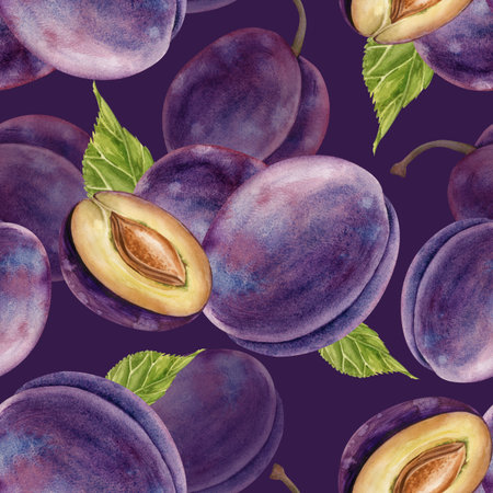 Watercolor plum fruit seamless pattern on a dark background. Seamless background isolated on white background. Botanic illustration for card, cosmetics, invitation, design, wrapping paper, scrapbookingの写真素材