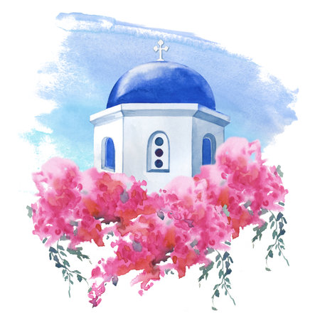 Watercolor illustration of a white stone church with a blue dome, surrounded by lush flowering bougainvillea. A template with a Greek landmark on the island of Santorini on a white background. Art for the design of postcards, invitations, and travel booklets.の写真素材