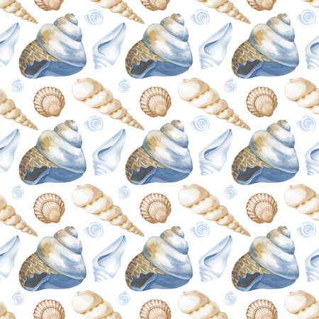 Watercolor seamless pattern with seashells on a white background. Watercolor illustration. Seamless background. For wallpaper design, packaging, wrapping paper, scrapbooking.の写真素材