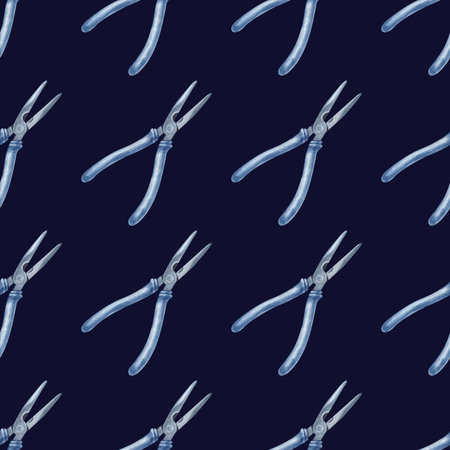 Seamless pattern with pliers on a dark background. Watercolor illustration with working tools. Seamless background for wallpaper, wrapping paper, packaging, scrapbooking.の写真素材