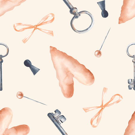 Seamless pattern with hearts, keys, bows, keyholes and pins on a light orange background. Watercolor illustration. Seamless background for scrapbooking, wallpaper, packaging, wrapping paper.の写真素材