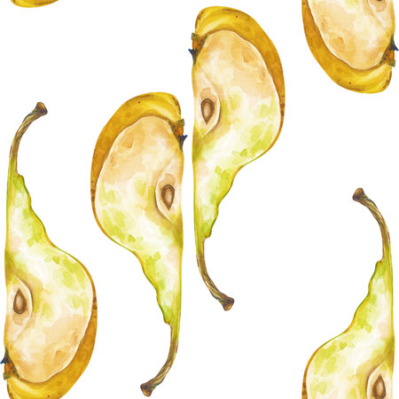Seamless pattern of hand-drawn slices of ripe pears. Fruits are isolated on a white background. Watercolor illustration. A botanical template for packaging, wallpaper, tableware, and textilesの写真素材